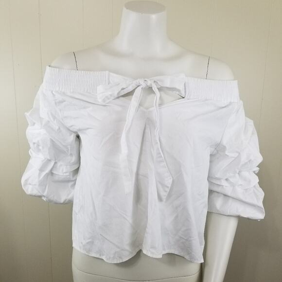 Zara Basic M White Balloon Ruffle Sleeve Blouse Off the Shoulder Keyhole Bow - Picture 1 of 8